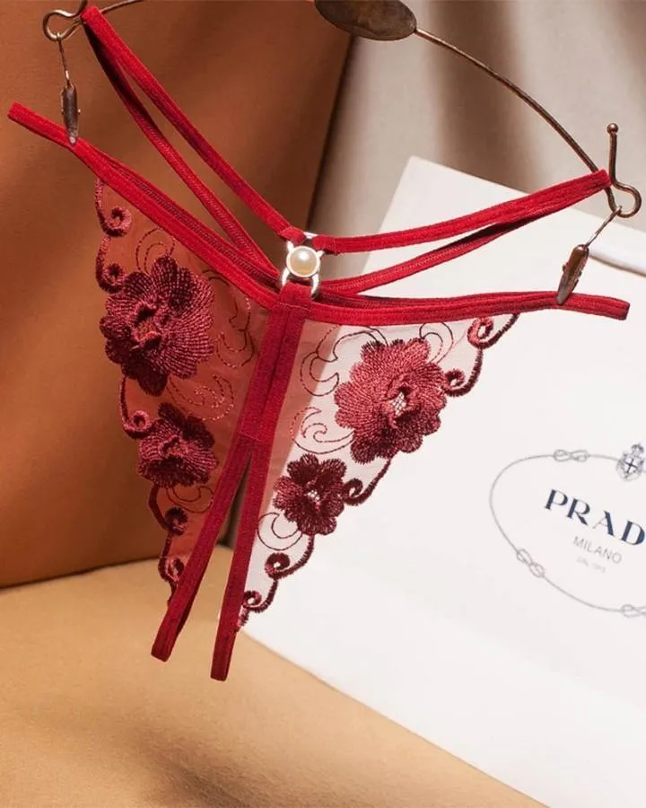 See-through Mesh Splicing Embroidery Pearl Thong Panties