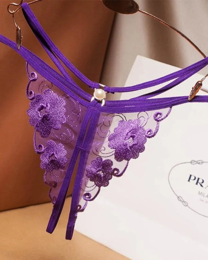 See-through Mesh Splicing Embroidery Pearl Thong Panties