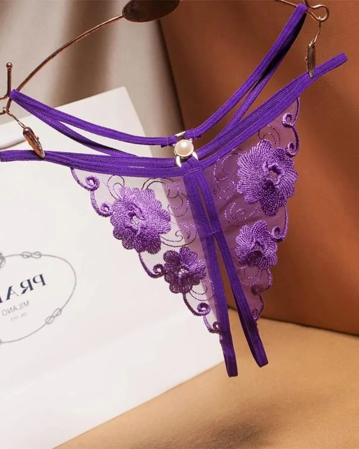 See-through Mesh Splicing Embroidery Pearl Thong Panties