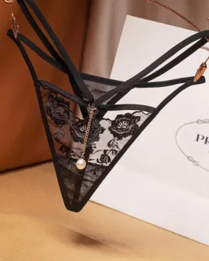 See-through Mesh Splicing Floral Embroidery Pearl Thong Panties