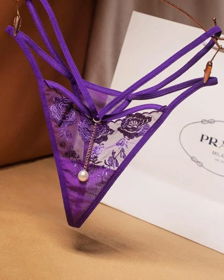 See-through Mesh Splicing Floral Embroidery Pearl Thong Panties