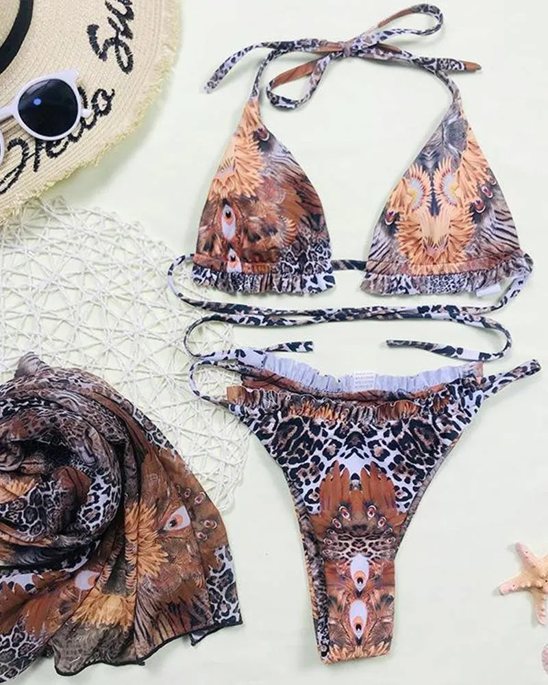 Snakeskin Print Strap Bra With Panties And Apront 3PS Bikini Sets