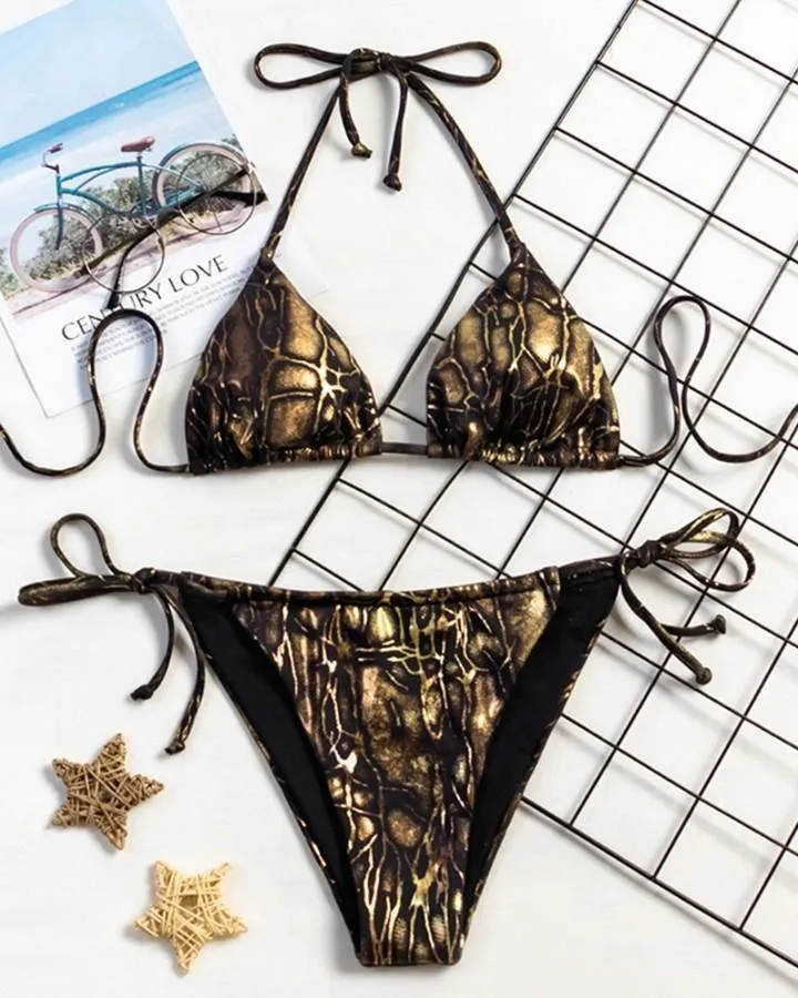 Snakeskin Strappy Bra With Strappy Panties Bikini Sets