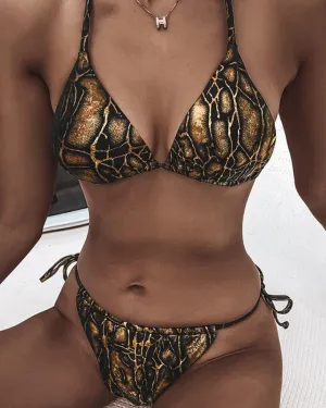 Snakeskin Strappy Bra With Strappy Panties Bikini Sets