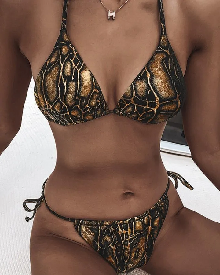 Snakeskin Strappy Bra With Strappy Panties Bikini Sets