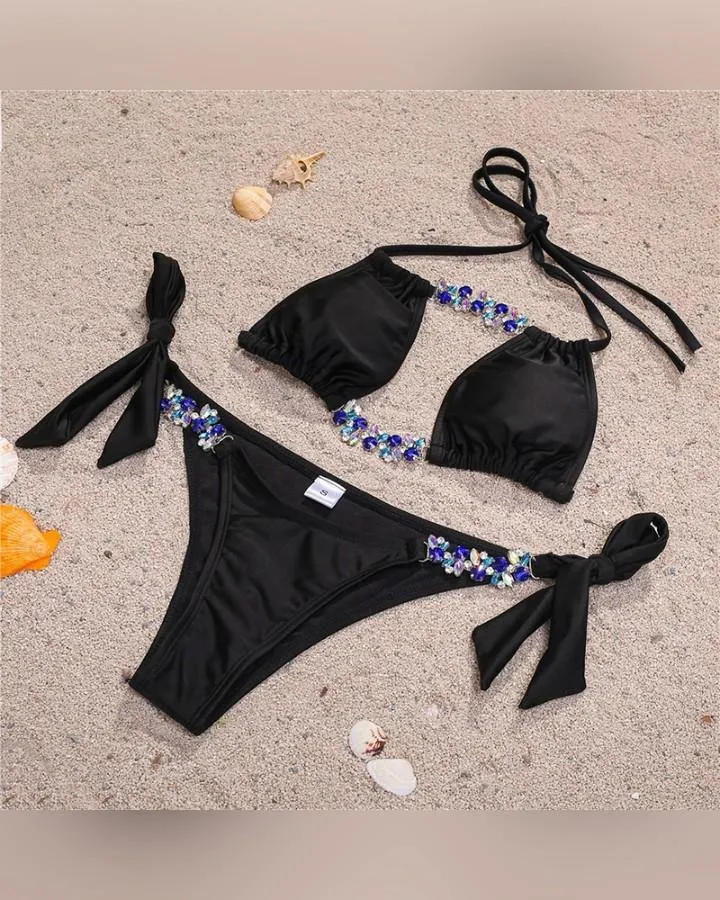 Solid Glitter Strappy Bra With Panties Bikini Sets