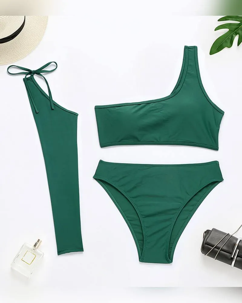 Solid One Shoulder With Single Sleeve And Panties Bikini Sets