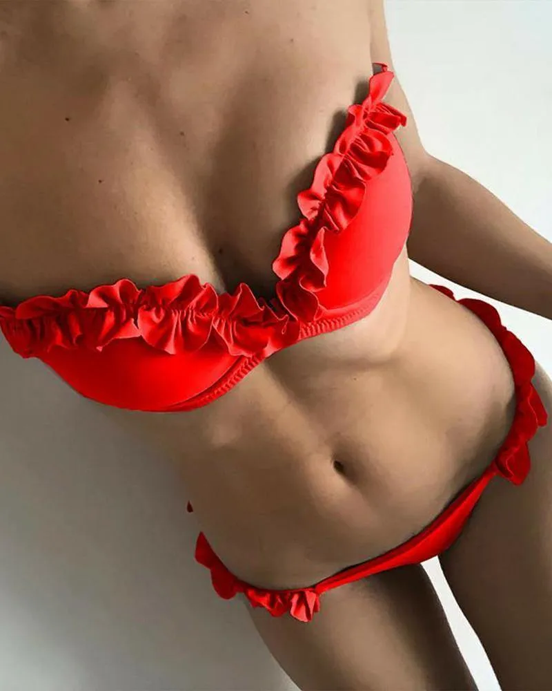 Solid Ruffles Patchwork Bra With Panties Bikini Sets