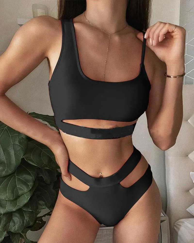 Solid Sleeveless Cut-out Bra With Panties Bikini Sets