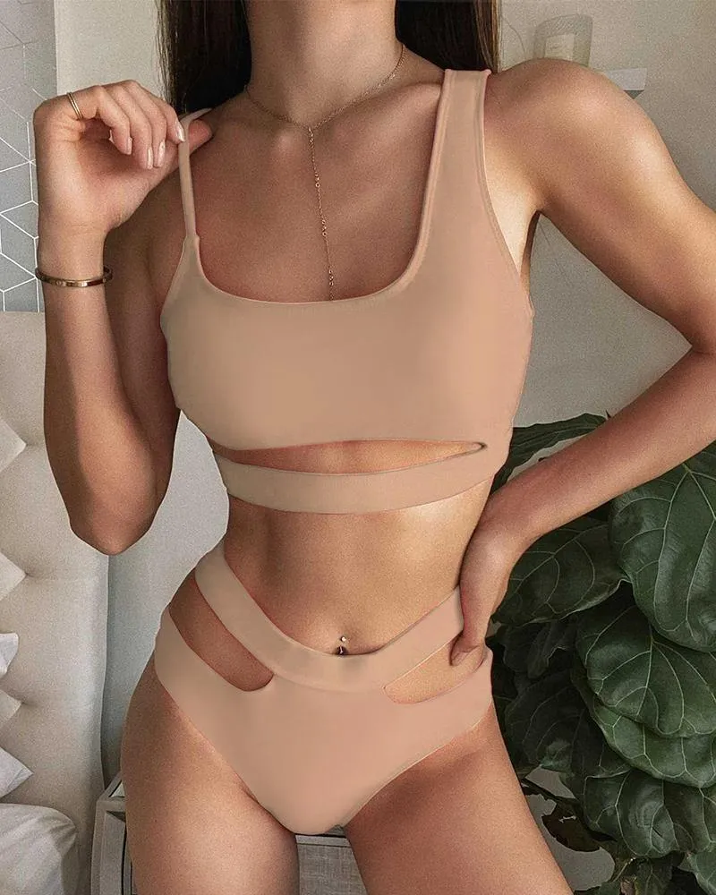 Solid Sleeveless Cut-out Bra With Panties Bikini Sets