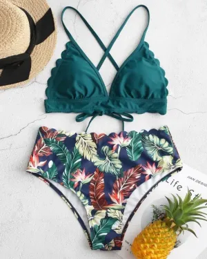 Solid Strap Bra With Floral Print Panties Bikini Sets