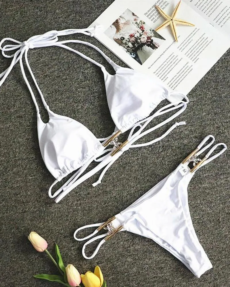 Solid Strap Bra With Panties Bikini Sets