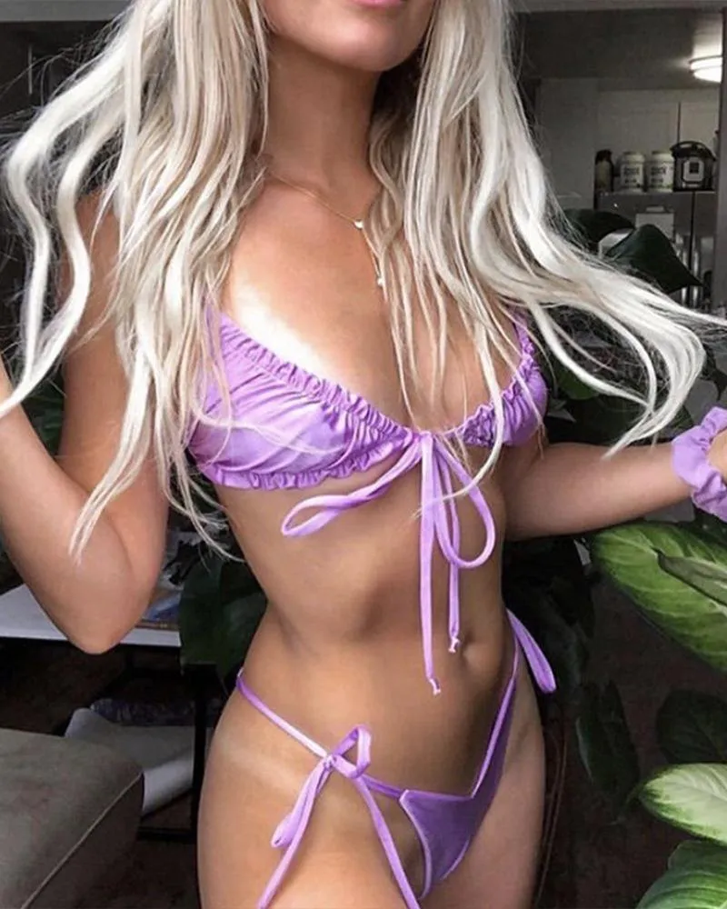 Solid Strap Bra With Panties Bikini Sets